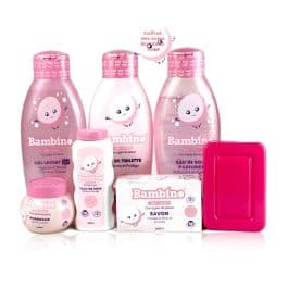 Coffret des soins pour bébés Bambino - Rose - 500 ml (Lait de toilette, Gel de douche, Eau de soin parfumée) - Savon 200g - Pommade 150g - Poudre 100g + Porte Savon